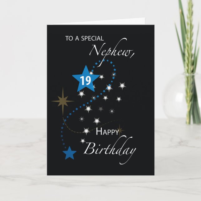 Nephew 19th Birthday Star Inspirational Blue Black Card (Front)