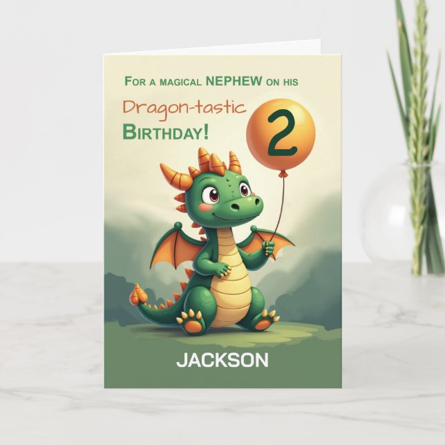 Nephew 2nd Birthday Personalise Name Cute Dragon Card (Front)