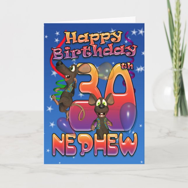Nephew - 30th Birthday Card Colourful With Mice (Front)