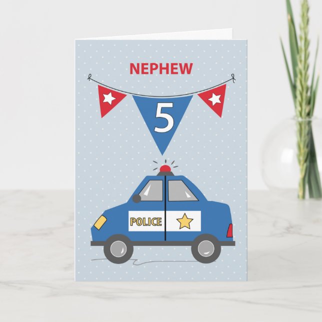 Nephew 5th Birthday Blue Police Car Card (Front)