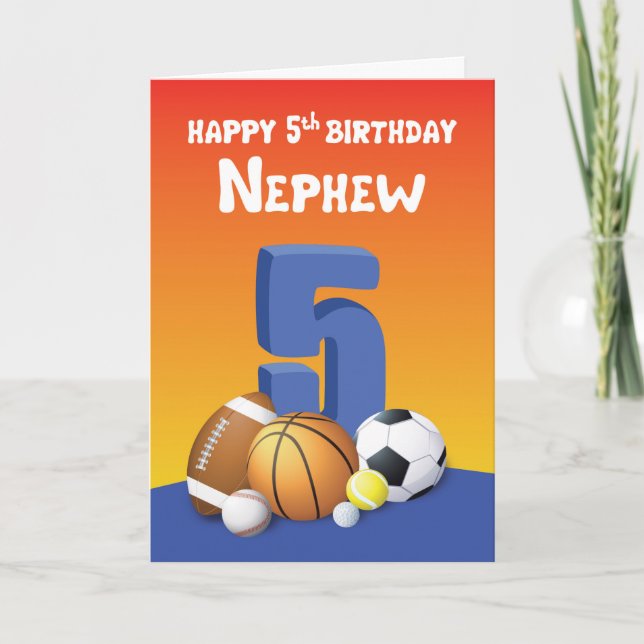 Nephew 5th Birthday Sports Balls Card (Front)