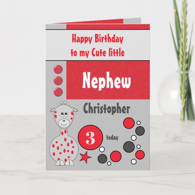 Nephew any age giraffe red and grey birthday card (Front)