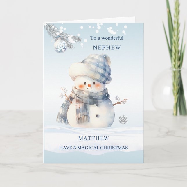 Nephew Blue Christmas Snowman Holiday Card (Front)