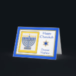Nephew Chanukah Contemporary Menorah Card<br><div class="desc">Happy Chanukah Dearest Nephew,  contemporary menorah with blue candles,  paper greeting card. Digital illustration with a lit menorah and a Star of David. Art,  image,  and verse copyright © Shoaff Ballanger Studios,  2024.</div>