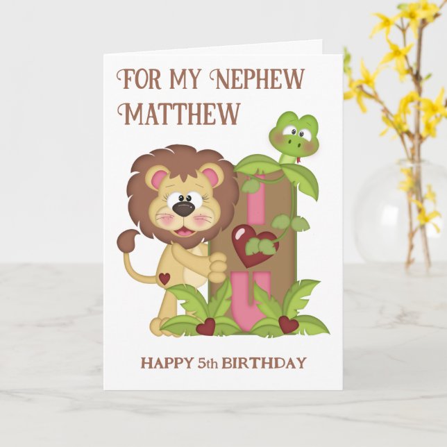 Nephew Cute Lion Fifth Birthday Wishes Card (Yellow Flower)