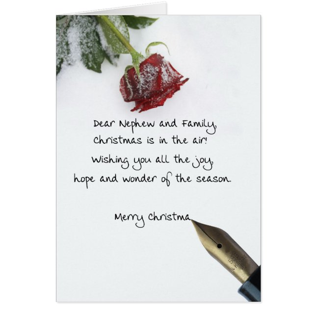 nephew & family christmas letter on snow rose (Front)