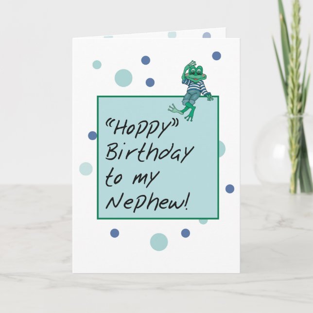 Nephew Frog in Jeans, Birthday, Polka Dots Card (Front)