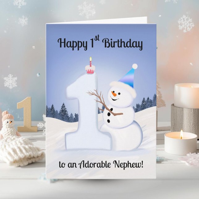 Nephew Happy 1st Birthday Snowman Building Card (Creator Uploaded)