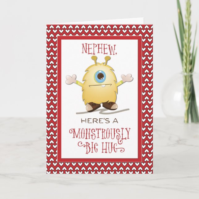 Nephew Monster Hug Valentine Hearts Holiday Card (Front)