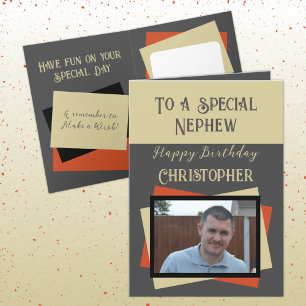 Nephew photo name grey orange birthday card