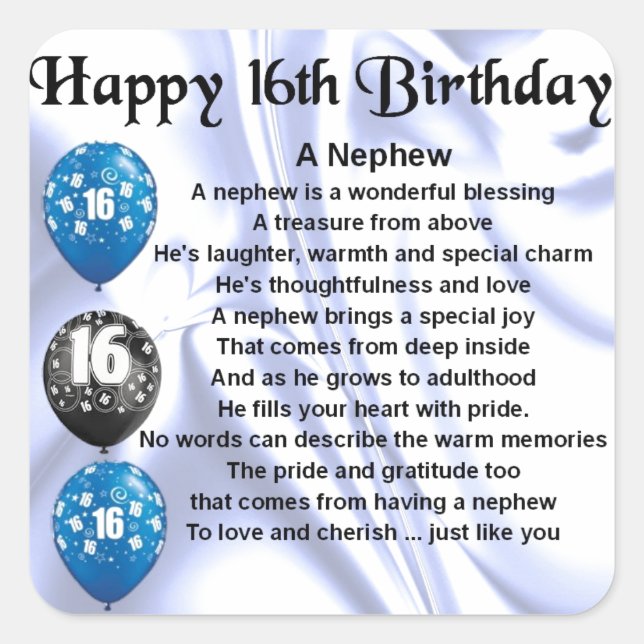 Nephew Poem  -  16th Birthday Square Sticker (Front)