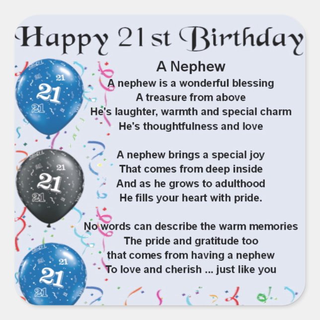Nephew Poem  -  21st Birthday Square Sticker (Front)