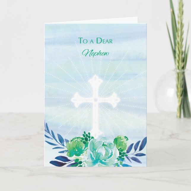 Nephew Teal Blue Flowers with Cross Easter Holiday Card (Front)