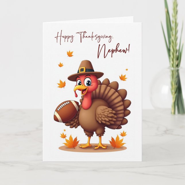 Nephew Thanksgiving Funny Turkey Football Leaves Card (Front)