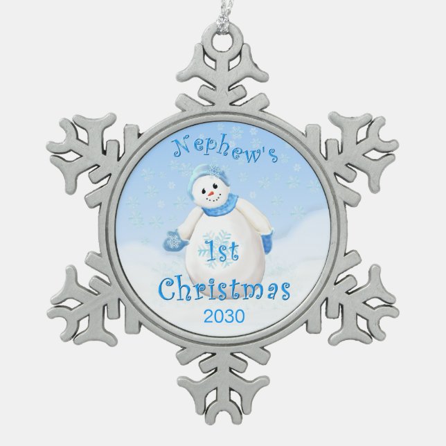 Nephew's 1st Christmas Keepsake Snowflake Pewter Christmas Ornament (Front)