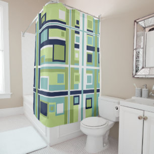 Neptune, Seashell, Green and Navy Stripes Shower Curtain