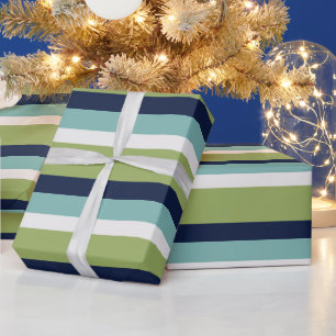 Neptune, Seashell, Green and Navy Stripes  Wrapping Paper