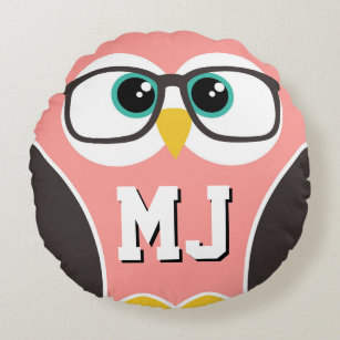 Nerd Monogram Owl Wearing Glasses Round Pillow