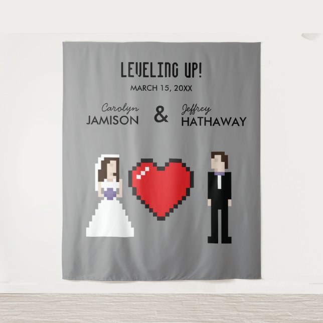 Nerdy 8-bit heart wedding or engagement backdrop tapestry (Front)