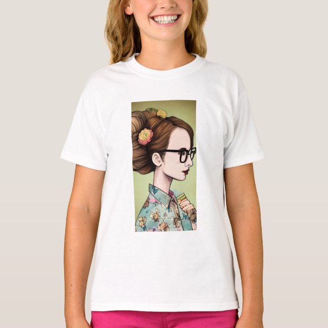 Nerdy Asian Girl Holding Books T-Shirt (Front)