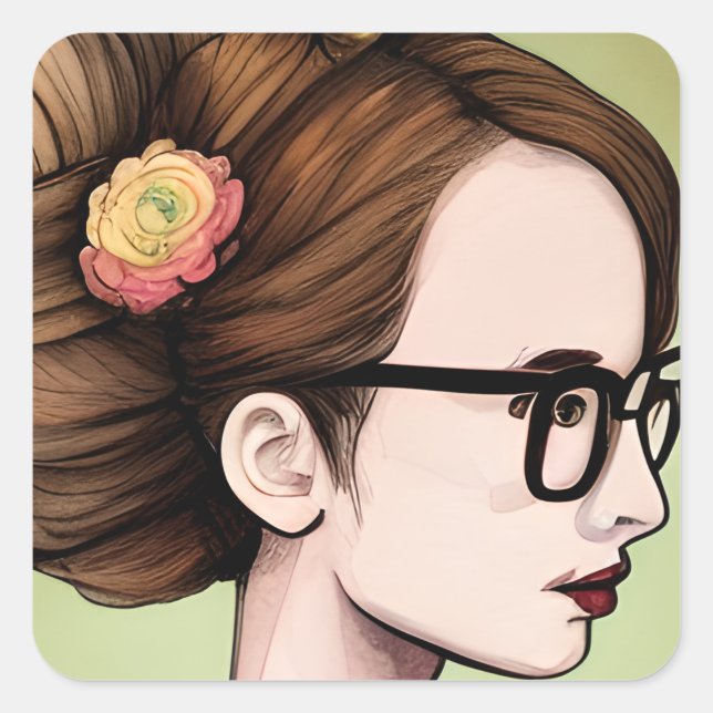 Nerdy Asian Girl | Smart Lady Artsy Square Sticker (Front)