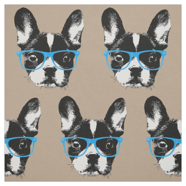 Nerdy French Bulldog Hipster Dog Pattern Beige Fabric (Swatch)