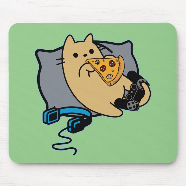 Nerdy Gamer Cat Eating Pizza Game Paused Mouse Mat (Front)