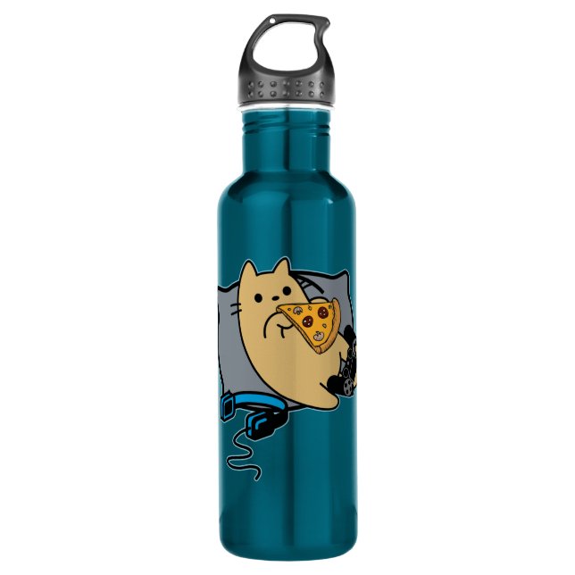 Nerdy Gamer Cat Pizza Loading Game Pause 710 Ml Water Bottle (Front)