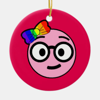Nerdy Girl Emoji with Glasses and Rainbow Bow Ceramic Tree Decoration
