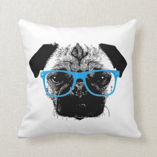 Nerdy Pug in Blue Glasses Hipster Cushion