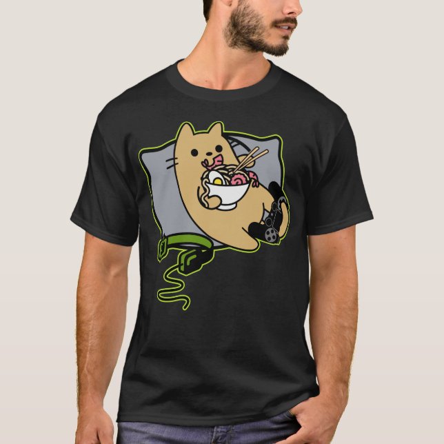 Nerdy Ramen Loading Eating Gamer Cat Game Paused T-Shirt (Front)