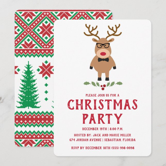 Nerdy Reindeer Christmas Party Invitation (Front/Back)