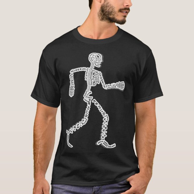 Nerdy Skeleton Walking Man with bones labeled T-Shirt (Front)