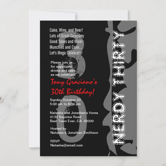 Nerdy Thirty Birthday Black White Red Template (Front)