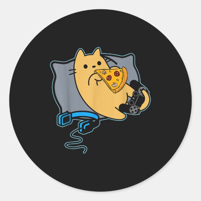 Nerdy Zza Eating Gamer Cat Game Paused  Classic Round Sticker (Front)