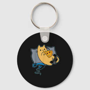 Nerdy Zza Eating Gamer Cat Game Paused  Key Ring