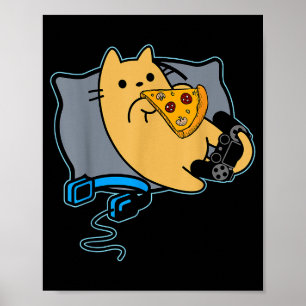 Nerdy Zza Eating Gamer Cat Game Paused  Poster