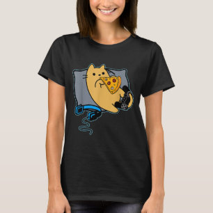 Nerdy Zza Eating Gamer Cat Game Paused  T-Shirt