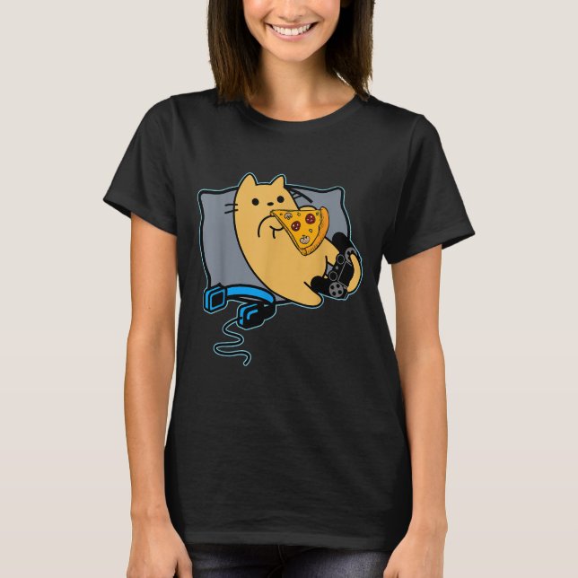 Nerdy Zza Eating Gamer Cat Game Paused  T-Shirt (Front)