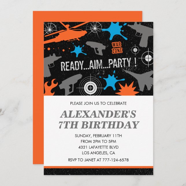 Nerf birthday invitations hunting boy army gun (Front/Back)