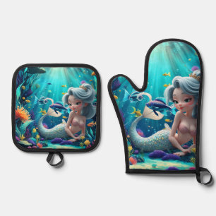 Nerina – The Gentle Mermaid of Coral Dreams. Oven Mitt & Pot Holder Set