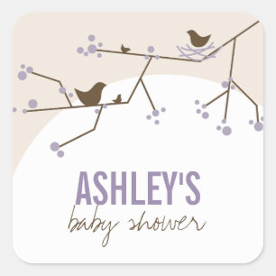 Nesting Bird Family On Branches Modern Baby Shower Square Sticker