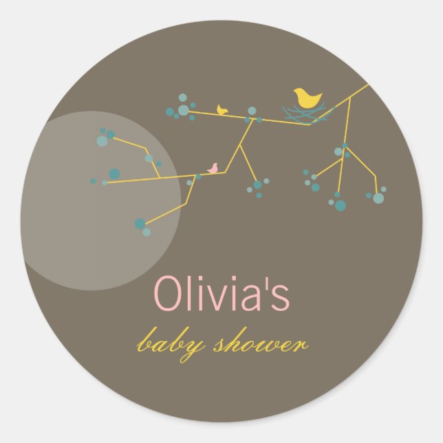 Nesting Bird Family On Branches Simple Baby Shower Classic Round Sticker (Front)
