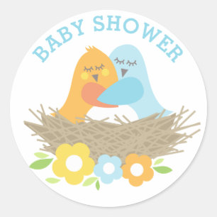 Nesting Birds Spring Baby Boy Shower Blue Orange Classic Round Sticker