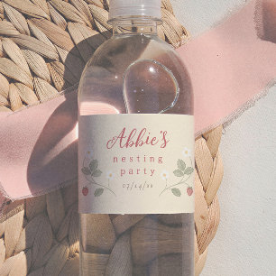 Nesting Party Strawberries Floral Girl Baby Shower Water Bottle Label
