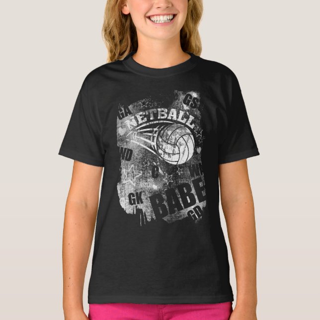 Netball Babe's, Black Grunge Netball T-Shirt (Front)