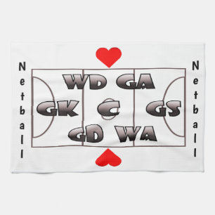 Netball Court and Positions Heart Design Tea Towel