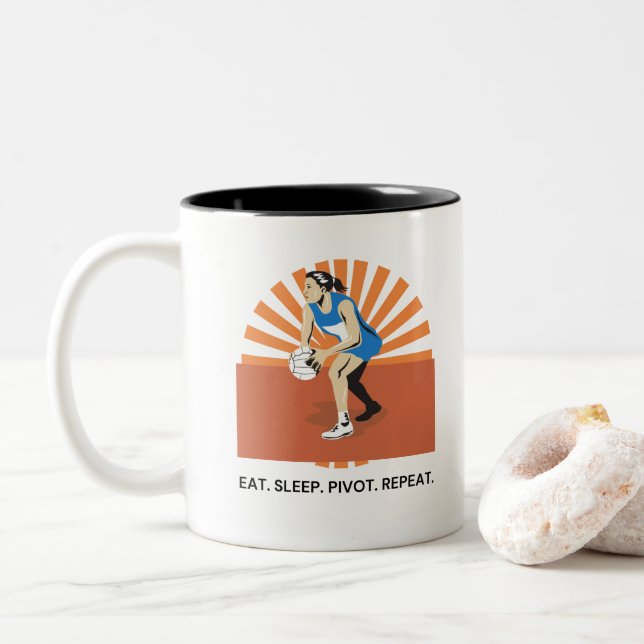 Netball Mug Eat. Sleep. Pivot. Repeat. Funny Gift (With Donut)