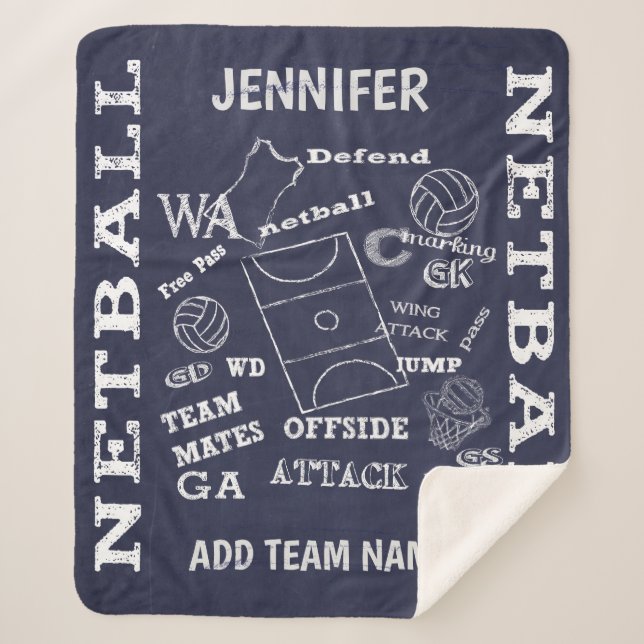 Netball player chalkboard style sherpa blanket (Front)