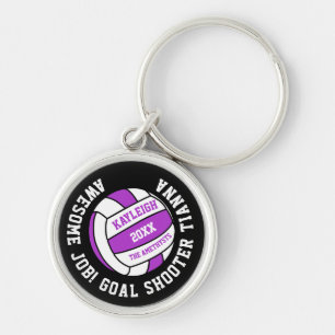 Netball sports purple white personalised award key ring